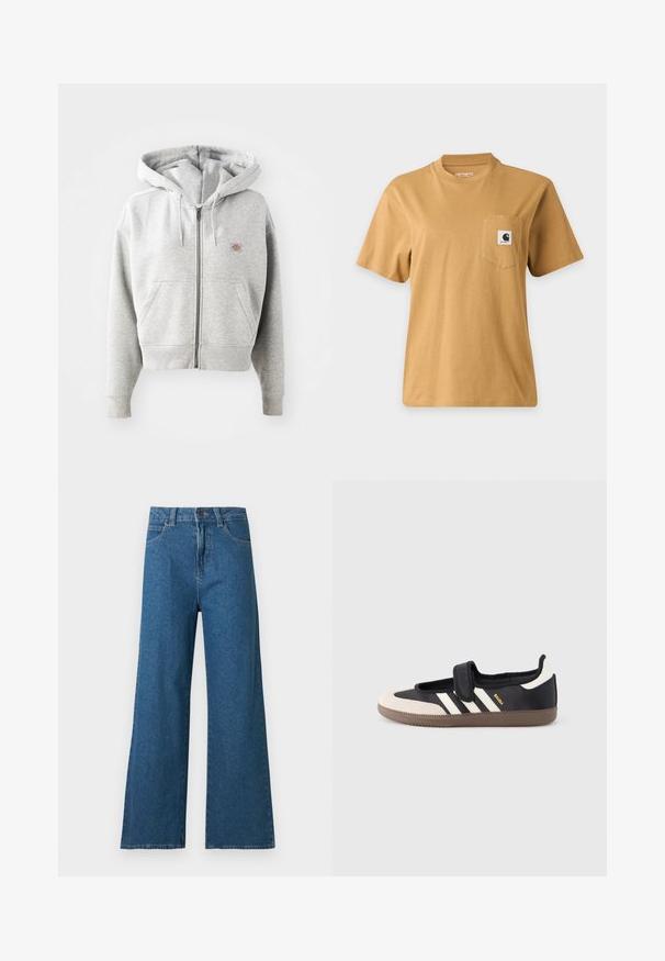 Grå lynlåshoodie med en frontlomme, justerbar snor i hætten, ribbede manchetter og et lille logo på brystet. Materialet er en bomuldsblanding.; Enkelt brun kortærmet t-shirt med en brystlomme med en firkantet mærkelogo-patch, vist på en ensartet lys baggrund.; Blå vidde bukser i denim med foran knap, lynlås og klassisk design med fem lommer på hvid baggrund.; Sort og beige sko med velcrolukning, tre hvide striber på siden og en tekstureret brun gummisål. Mærkelogo er synligt.