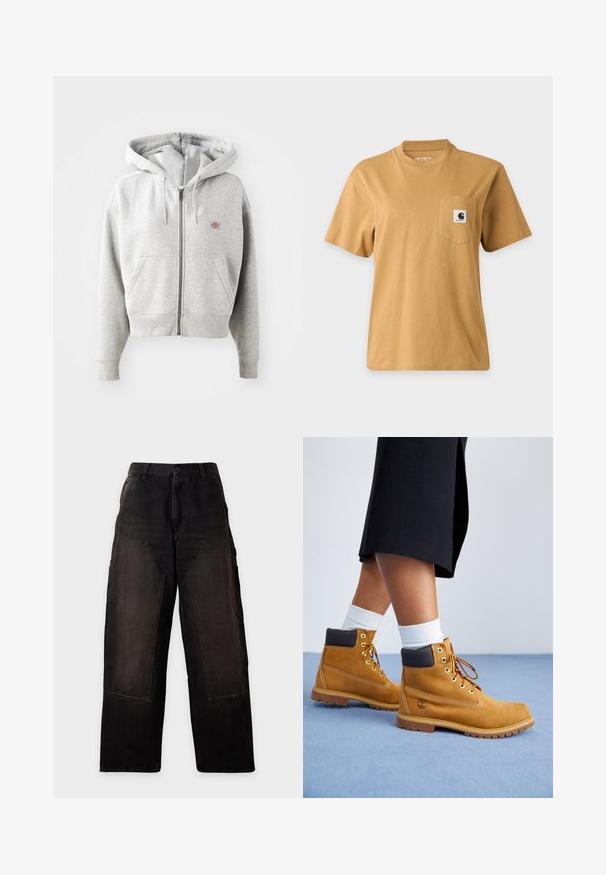 Grauer Reißverschluss-Hoodie mit einer Vorderasche, verstellbarem Kordelzug-Hauben, gerippten Bündchen und einem kleinen Logo auf der Brust. Material aus Baumwollmischung.; Schlichtes braunes kurzärmeliges T-Shirt mit einer Brusttasche, die einen quadratischen Markenlogo-Patch zeigt, dargestellt auf einem einfachen hellen Hintergrund.; Schwarze Hosen mit weitem Bein, großen aufgesetzten Vordertaschen und Gürtelschlaufen, vor einem schlichten hellen Hintergrund präsentiert.; Sandfarbene Wildlederschuhe mit braunen Lederakzenten, goldenen Ösen und einer strukturierten Sohle. Weiße Socken, die über den Stiefeln sichtbar sind.