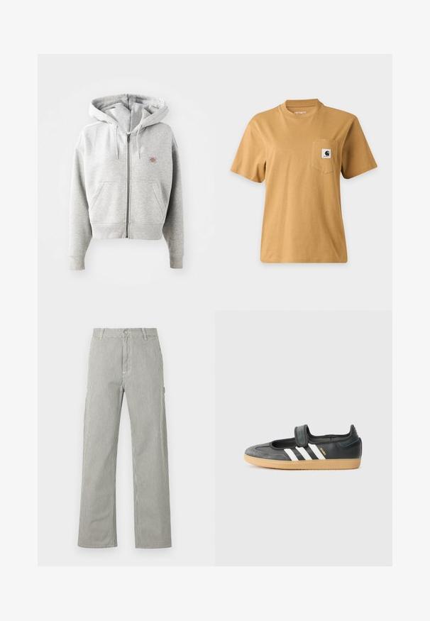 Grå lynlåshoodie med en frontlomme, justerbar snor i hætten, ribbede manchetter og et lille logo på brystet. Materialet er en bomuldsblanding.; Enkelt brun kortærmet t-shirt med en brystlomme med en firkantet mærkelogo-patch, vist på en ensartet lys baggrund.; Herrebukser med lige ben, tynde lodrette sorte og hvide striber, knaplukning, bæltestropper og sidelommer.; Sort læder- og ruskinds sneakers med en Velcro-rem, der har tre hvide striber og en gummisål, mærket "SAMBA" på siden.