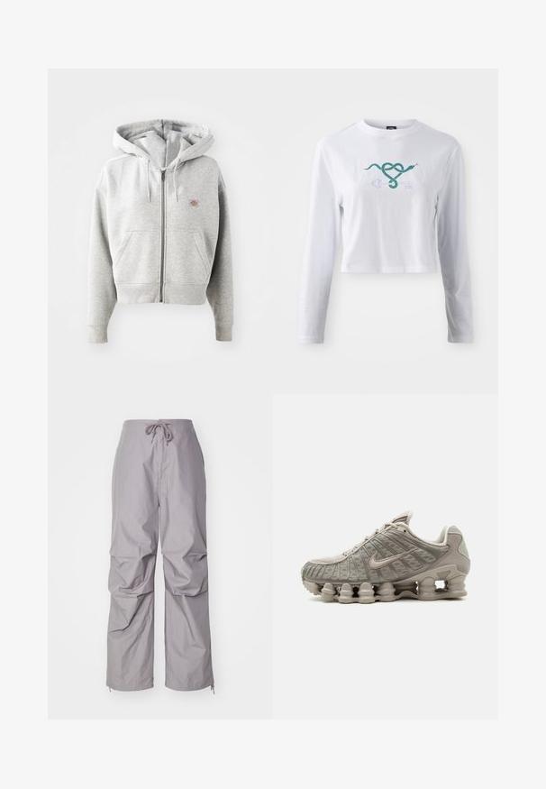 Grå lynlåshoodie med en frontlomme, justerbar snor i hætten, ribbede manchetter og et lille logo på brystet. Materialet er en bomuldsblanding.; Hvid langærmet cropped t-shirt i bomuld med et grønt slangemotiv, der er flettet sammen med et nøgledesign på fronten.; Grå, løstsiddende bukser lavet af letvægtigt stof, med snøre i taljen og tapered ærmer med lynlåse. Tekstureret finish.; Lysebeige Nike Shox sneaker med synligt søjleformet støddæmpende sål og mesh-detaljer på overdelen.