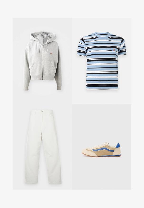 Grå lynlåshoodie med en frontlomme, justerbar snor i hætten, ribbede manchetter og et lille logo på brystet. Materialet er en bomuldsblanding.; Kortærmet T-shirt med rund hals og vandrette striber i blå, sort og hvid, med et lille logomærke på brystet.; Hvide jeans med brede ben lavet af bomuld, med et klassisk design med fem lommer og en metalknaplukning ved livet. Glat tekstur.; Lys tan ruskind sneakers med en blå sidestribe og hælkant. Rund tå, flade snørebånd og perforerede detaljer på overdelen. Gummisål.