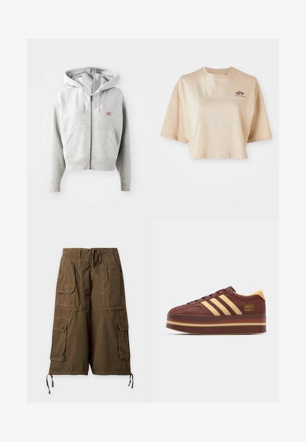 Grå lynlåshoodie med en frontlomme, justerbar snor i hætten, ribbede manchetter og et lille logo på brystet. Materialet er en bomuldsblanding.; Beige cropped t-shirt lavet af bomuld, med korte ærmer, en rund halsudskæring og et maroon logo grafik på venstre bryst.; Brune cargo shorts til knæet med snører i taljen, to store klaplommer med knapper og sidelommer med bånd forneden.; Brune ruskinds sneaker med gule detaljer, der har tre laterale striber, en tyk platformssål og en guldslogo detalje.