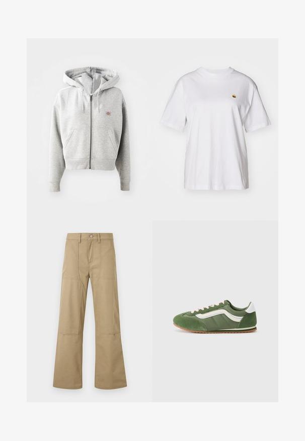 Grauer Reißverschluss-Hoodie mit einer Vorderasche, verstellbarem Kordelzug-Hauben, gerippten Bündchen und einem kleinen Logo auf der Brust. Material aus Baumwollmischung.; Weißes Baumwoll-T-Shirt mit lockerem Schnitt, kurzen Ärmeln und einem kleinen gestickten Logo auf der linken Brustseite.; Beige hoch taillierte Hosen mit weitem Bein, vorderen aufgesetzten Taschen, Gürtelschlaufen und Knopfverschluss. Einfacher, strapazierfähiger Stoff mit sichtbaren Nähten.; Grüne Sneakers mit einer Kombination aus strukturiertem Wildleder und glattem Stoff, ausgestattet mit weißen Akzenten, pinken Schnürsenkeln und einer braunen Gummisohle.