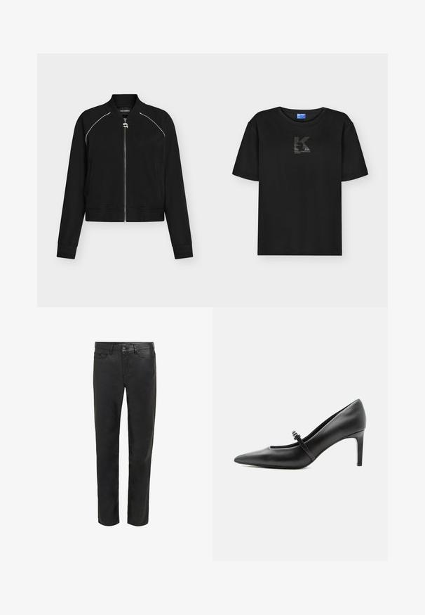 Veste bomber noire zippée avec un passepoil blanc aux épaules, col et poignets côtelés, et une petite tirette de fermeture éclair argentée en forme de visage.; T-shirt noir à manches courtes avec col rond et petit logo scintillant "K Karl Lagerfeld Jeans" centré sur la poitrine.; Jean noir en denim, avec un design classique à cinq poches, une coupe droite et un léger éclat sur le tissu.; Escarpin noir en cuir à bout pointu avec une fine bride et une boucle sur le cou-de-pied, posé sur un fond clair neutre.