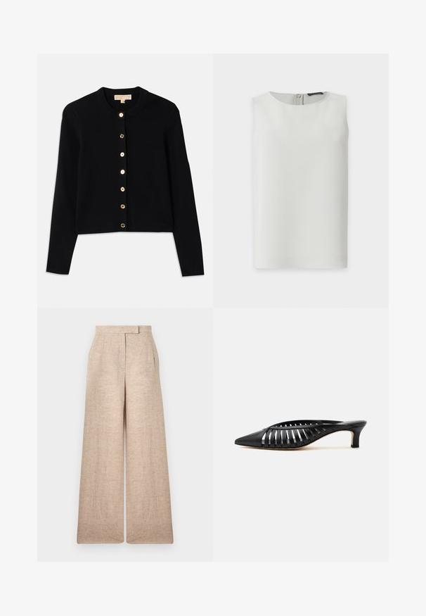 Zwarte cardigan van zacht stof, met een ronde hals, lange mouwen en zes gouden knopen aan de voorkant.; Mouwloze witte blouse met ronde hals en zichtbare ritssluiting op de rug, getoond tegen een effen witte achtergrond.; Beige wijde broek met hoge taille, subtiele plooien aan de voorkant en een verborgen sluiting aan de voorkant.; Zwarte leren mule met puntige neus, riemdesign met uitsnijdingen en lage kittenhiel op een witte achtergrond.