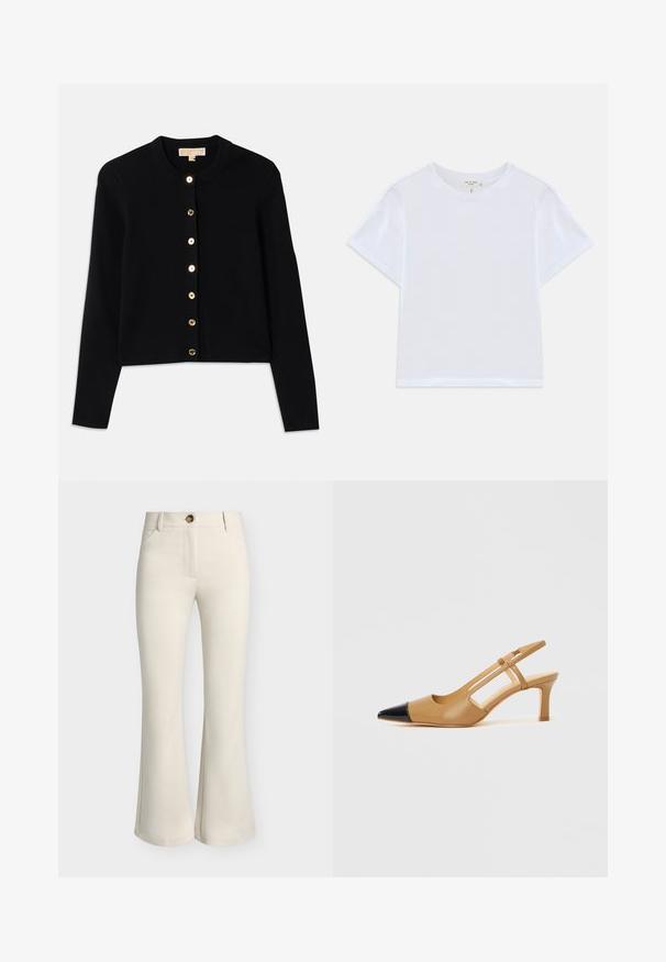Sort cardigan lavet af blødt stof, med rund halsudskæring, lange ærmer og seks guldtonede knapper foran.; Hvid cropped t-shirt lavet af blødt bomuld, med rund hals og korte ærmer og en let løs pasform. Ingen mønstre eller accenter.; Beige bukser med høj talje, forlommer, knaplukning og let udvidede ben mod en ensfarvet baggrund.; Beige slingback-hæle med sort spids, der har udskårne sider og en mellemhøj blokhæl. Glat lædermateriale.