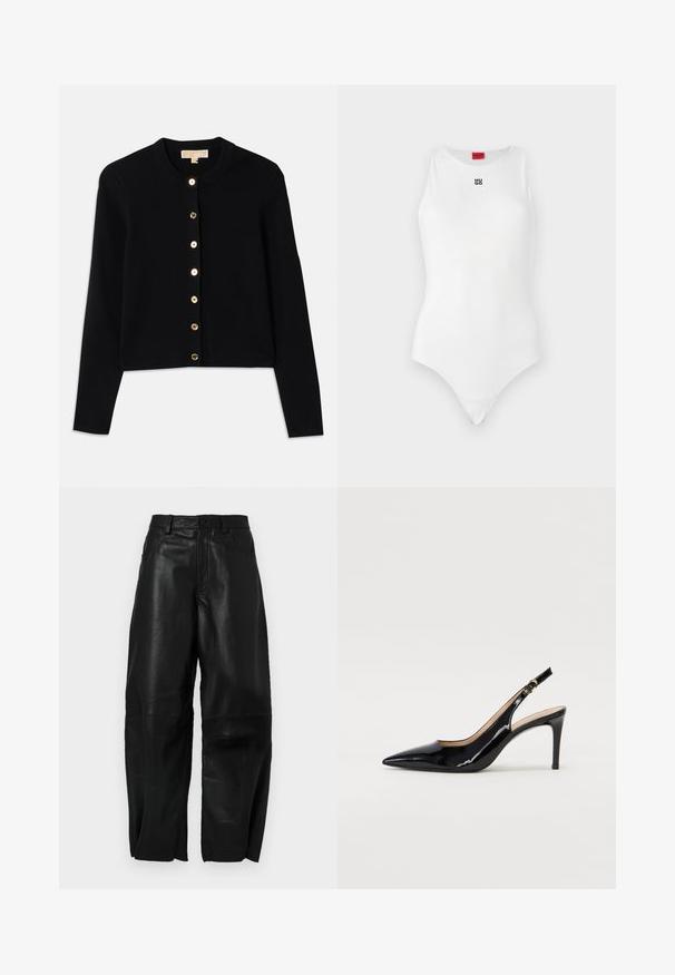 Sort cardigan lavet af blødt stof, med rund halsudskæring, lange ærmer og seks guldtonede knapper foran.; Hvid bodystocking med ærmeløst design, rund halsudskæring og minimal sort "HUGO" logo på forsiden. Glat tekstur og tætsiddende form.; Sorte læderbukser med en løs pasform, der har en lige ben-design, forlommer og synlige syningsdetaljer.; Sort patenteret læder slingback stiletto med spids tå, slank hæl og et subtilt udskæringsdesign. Har en gylden spænde på remmen.