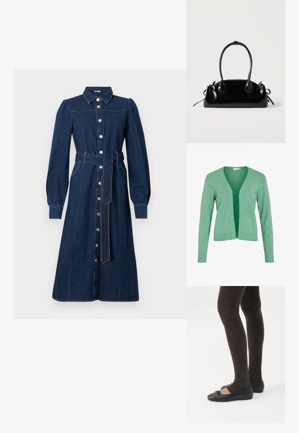 Grøn langærmet cardigan med V-hals, åben front, ribbede manchetter og kant. Lavet af blødt, tekstureret strikstof.; Mørkeblå denimkjole med lange ærmer, knaplukning foran, krave og et matchende bælte i taljen; har subtile syninger og lommer.; Ben iført mørke ribbede leggings kombineret med sorte balletsko med små sløjfedetaljer på hvid baggrund.; Lille sort blank håndtaske med to lange håndtag og snøre-detaljer i siden på en ensfarvet lys baggrund.