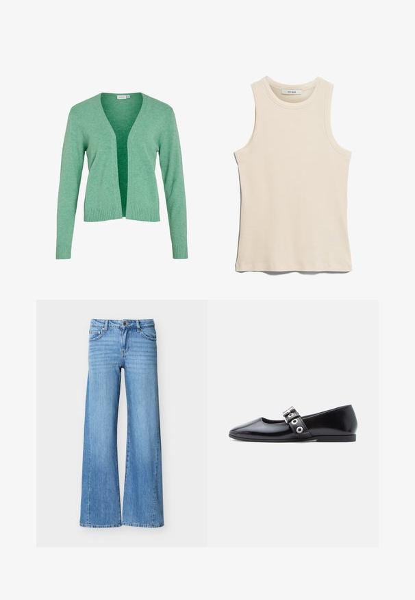 Groene lange mouw cardigan met een V-hals, open voorkant, geribbelde manchetten en zoom. Gemaakt van zacht, gestructureerd breiwerk.; Slessen lichte beige tanktop gemaakt van ribgebreid materiaal, met een ronde halslijn en een strakke, minimalistische uitstraling.; Lichtblauwe denim jeans met een hoge taille, knoop- en ritssluiting, voorzakken en wijde pijpen.; Zwart lakleren platte schoen met een vierkante neus, zijgespdetail en een lage, afgeronde hak. Gladde textuur en minimalistisch ontwerp.