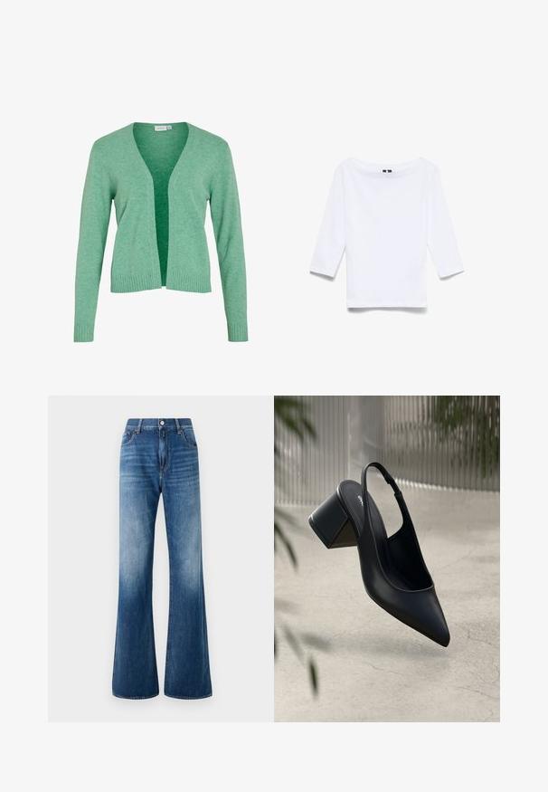 Cardigan long vert à manches longues avec un col en V, devant ouvert, poignets côtelés et ourlet. Fabriqué en tissu tricoté doux et texturé.; Chemise blanche à manches trois-quarts en tissu mélangé coton ; présente un large col bateau et une texture lisse et légère.; Jean's bleu évasés avec un délavage usé, design à cinq poches, passants de ceinture et fermeture à bouton à l'avant. Texture lisse et coupe classique.; Escarpin noir en cuir avec un bout pointu et un talon bloc. Texture lisse, design minimaliste et bride de cheville réglable.