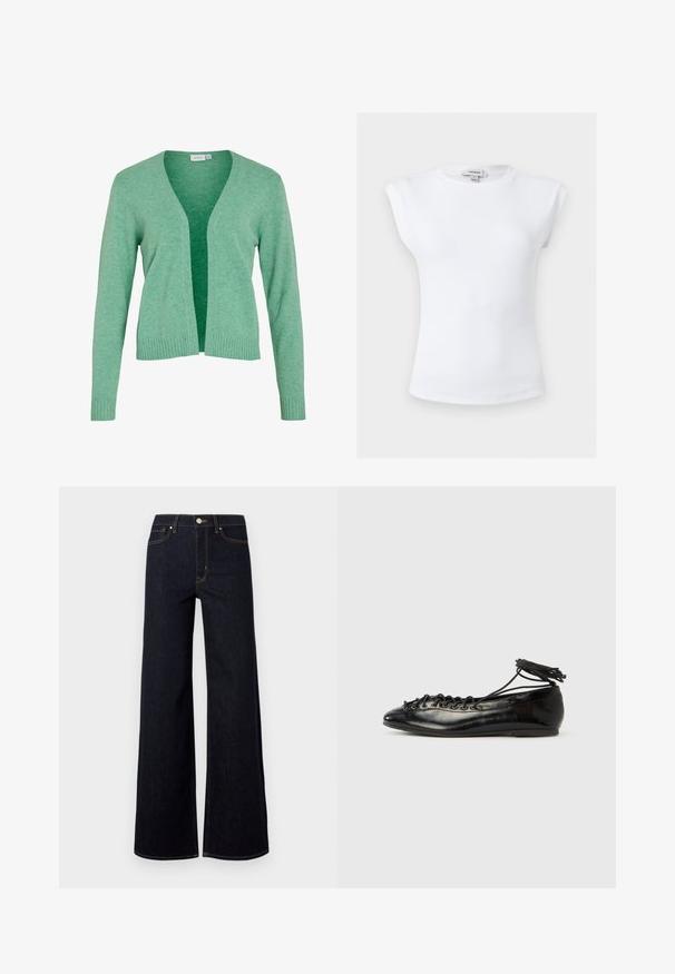 Cardigan long vert à manches longues avec un col en V, devant ouvert, poignets côtelés et ourlet. Fabriqué en tissu tricoté doux et texturé.; Haut blanc sans manches côtelé avec épaules rembourrées et col rond, taille petite, étiquette de marque Topshop à l'intérieur du col.; Jeans large en denim bleu foncé, avec une taille haute, des coutures contrastées et un unique bouton métallique à l'avant.; Ballerines en cuir verni noir avec un bout rond, un design à lacets et une semelle plate. Texture lisse avec peu de détails.