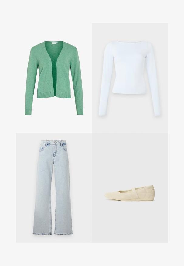 Grøn langærmet cardigan med V-hals, åben front, ribbede manchetter og kant. Lavet af blødt, tekstureret strikstof.; Langærmet, lyseblå tætsiddende bluse med bådudskæring og enkelt, rent design på en ensfarvet baggrund.; Lyseblå bred ben jeans lavet af denim, med høj talje, bælteholdere, fem lommer og slidte områder for et vintage udseende.; Lysebrune ballet flats med en glat læderoverflade, mandelformet tå og elastisk rem over vristen, med diskrete syninger.