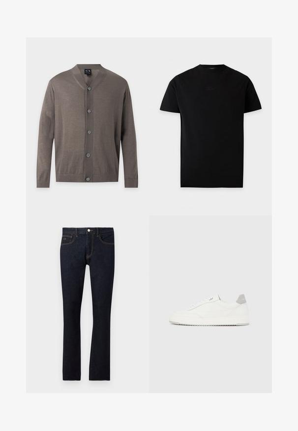 Cardigan marron à manches longues boutonné, avec poignets et ourlet côtelés, col en V et cinq boutons sur le devant.; T-shirt noir à manches courtes avec col rond et un petit texte brodé subtil sur la poitrine, présenté sur un fond blanc.; Jean droit de couleur indigo foncé avec bouton frontal, fermeture éclair, design à cinq poches et détails de couture orange subtil.; Baskets basses blanches avec un onglet de talon gris, des lacets blancs et une semelle texturée, présentées sur un fond uni clair.