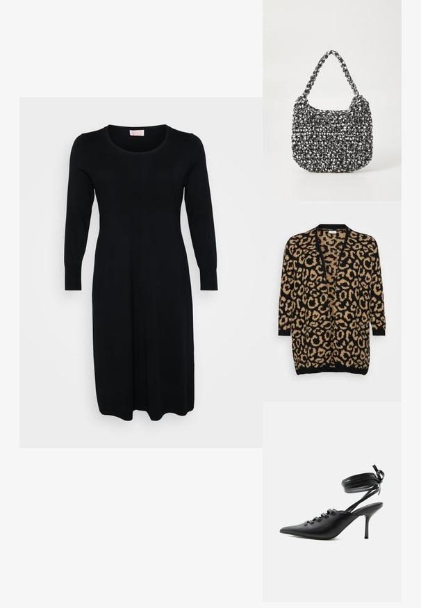 Cardigan en imprimé léopard noir et beige, coupe oversize, front ouvert, manches trois-quarts, texture tricot douce, poignets et ourlet côtelés.; Robe midi en tricot noir à manches longues avec col rond et une couture subtile à l'avant, présentée sur un fond blanc uni.; Chaussure à talon haut noire à bout pointu avec laçage à l'avant et brides enroulées autour de la cheville nouées en nœud, vue de côté sur fond blanc.; Sac en osier noir et blanc de forme arrondie, avec une surface texturée et une poignée tressée. Convient à un usage décontracté.