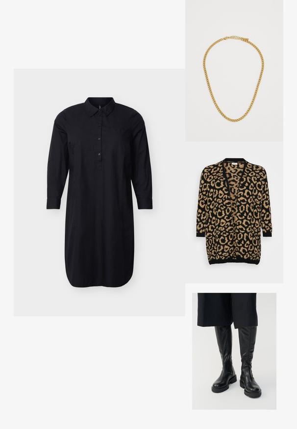Cardigan s leopardím vzorom v čiernej a pieskovej farbe, voľný strih, otvorený predný diel, trojštvrťové rukávy, mäkká pletená textúra, rebrované manžety a lem.; Čierne dlhé šaty-košeľa s golierom, zapínaním na gombíky, bočnými vreckami a manžetovými rukávmi, zobrazené na jednoduchom pozadí.; Čierne kožené vysoké čižmy po kolená s hladkým povrchom, masívnymi podrážkami a postrannými zipsami. Dizajn obsahuje jemné detaily švov.; Zlatý reťazový náhrdelník s prepojenými článkami, hladkým povrchom a zapínaním. Obsahuje nastaviteľnú dĺžku pre prispôsobenie veľkosti.