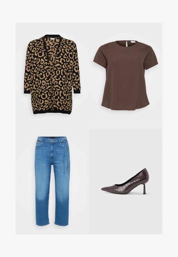 Cardigan s leopardím vzorom v čiernej a pieskovej farbe, voľný strih, otvorený predný diel, trojštvrťové rukávy, mäkká pletená textúra, rebrované manžety a lem.; Hnedý krátky rukáv s okrúhlym výstrihom a malým výrezom na chrbte. Vyrobený z mäkkej látky s jemne rozšíreným lemom.; Svetlomodré denimové džínsy s uvoľneným strihom, rovnými nohavicami, stredne vysokým pásom a nastaviteľným viazaním vpredu. Hladká textúra.; Hnedé lodičky z umelé kože s krokodílím vzorom, s úzkym, šikmým opätkom a hladkým vnútorným lemovaním.