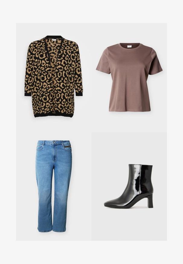 Cardigan en imprimé léopard noir et beige, coupe oversize, front ouvert, manches trois-quarts, texture tricot douce, poignets et ourlet côtelés.; T-shirt en coton marron mauve à manches courtes et col rond, coupe décontractée, présenté sur un fond clair uni.; Jeans en denim bleu clair à jambe droite avec bouton frontal, fermeture éclair, poches avant et arrière, et une petite poche zippée sur le côté droit avant.; Bottines en cuir verni noir avec un bout pointu et un talon block de hauteur moyenne. Texture lisse et design minimaliste.