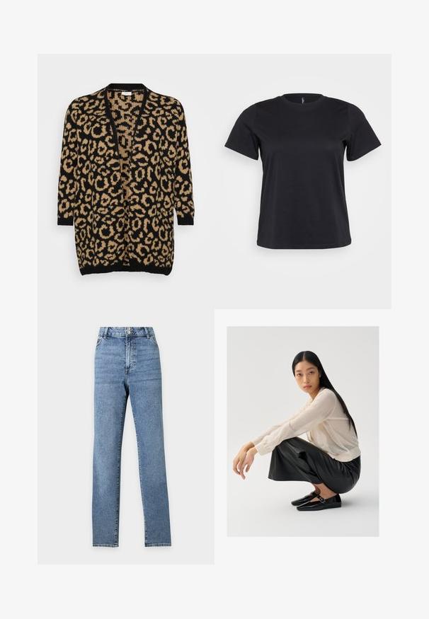 Cardigan en imprimé léopard noir et beige, coupe oversize, front ouvert, manches trois-quarts, texture tricot douce, poignets et ourlet côtelés.; T-shirt en coton noir à manches courtes, col rond, coupe décontractée et texture lisse. Pas de graphiques ni de motifs visibles.; Jean bleu taille haute à jambe droite, avec deux boutons devant et des poches, présenté sur un fond uni clair.; Pull léger beige clair en maille transparente avec des manches bouffantes, associé à un pantalon large en cuir noir et des chaussures noires brillantes avec un détail de sangle.