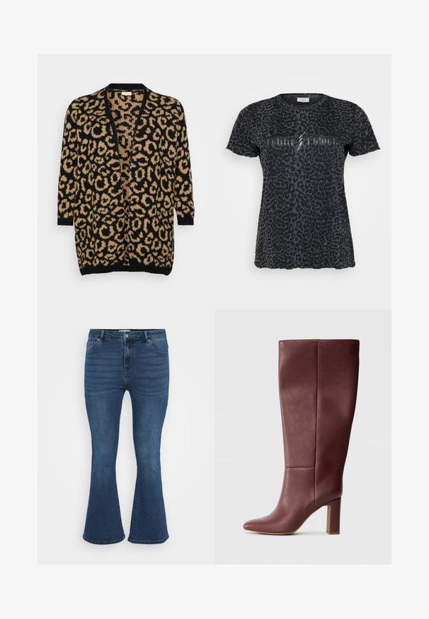 Cardigan s leopardím vzorom v čiernej a pieskovej farbe, voľný strih, otvorený predný diel, trojštvrťové rukávy, mäkká pletená textúra, rebrované manžety a lem.; ONLY Carmakoma CARMIKO WASHED SS REG TEE JRS - Tričko s potlačou - phantom; Džínsy s rozšírenými nohavicami vo farbe modrej, s polovičným pásom, dizajnom s piatimi vreckami a jemnou rebrovanou textúrou na prednej strane. Tkanina pôsobí pevným a hladkým dojmom.; Knee-high bordó kožené čižmy s špicatou špičkou a blokovým podpätkom, s hladkou textúrou a minimalistickým dizajnom.