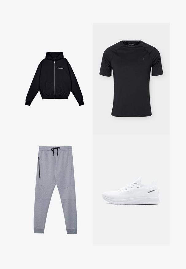 Sort zip-up hoodie lavet af blødt stof, med en front kangaroo lomme, snorhætte og lille "PEGADOR" logo på venstre bryst.; Sort sport T-shirt med korte ærmer og rund halsudskæring med lille logo på venstre bryst, vist på ensartet lyst baggrund.; Grå sweatpants lavet af blødt stof med snor i taljen, tætsiddende ben og en sidelomme med lynlås til sikker opbevaring.; Hvid strikket lavtop-sneaker med tekstureret sål, snørelukning foran og "JACK & JONES" logo på hælkantens side.