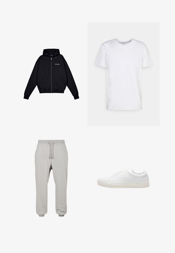 Sort zip-up hoodie lavet af blødt stof, med en front kangaroo lomme, snorhætte og lille "PEGADOR" logo på venstre bryst.; Hvid kortærmet t-shirt lavet af bomuld. Har en rund halsudskæring og en afslappet pasform uden synlige mønstre eller detaljer.; Lys grå bomulds sweatpants med elastisk talje, justerbar snor, sidelommer og ribbede mansjetter ved anklerne.; Hvide lædersneakers med en glat overflade, rund tå, snørebåndslukning og flad gummisål. Minimalistisk design uden synlige mønstre.