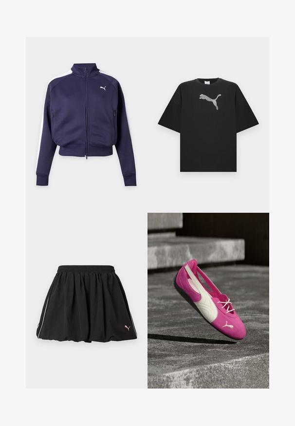 Veste de survêtement Puma bleu marine à fermeture éclair, avec bandes blanches sur les épaules, col montant, poches avant, poignets et ourlet côtelés, présentée sur fond uni.; T-shirt noir oversize à manches courtes, avec un grand logo Puma blanc au centre devant.; Jupe courte sportive noire avec taille élastique, liseré blanc sur le côté et petit logo Puma sur le côté inférieur droit.; Chaussure plate Puma rose et blanche avec des lacets reposant sur une marche en béton gris à l'extérieur.