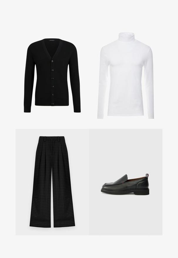 Zwarte V-hals cardigan gemaakt van zacht materiaal, met een zes-knopen voorkant, lange mouwen en geribde manchetten en onderkant.; Witte lange mouw turtleneck-shirt gemaakt van zachte, rekbare stof. Heeft een hoge kraag en een aangesloten ontwerp, wat zorgt voor een gestroomlijnde uitstraling.; Zwarte geruite wijde broek met plooien, voorzien van een gladde textuur en klassiek ontwerp. Lichtgewicht stof voor comfort.; Zwarte leren instapschoen met een ronde neus, een gestructureerde bovenzijde, contrasterende rode stiksels en een lage hak. Voorzien van een lusvormige trekstrip.