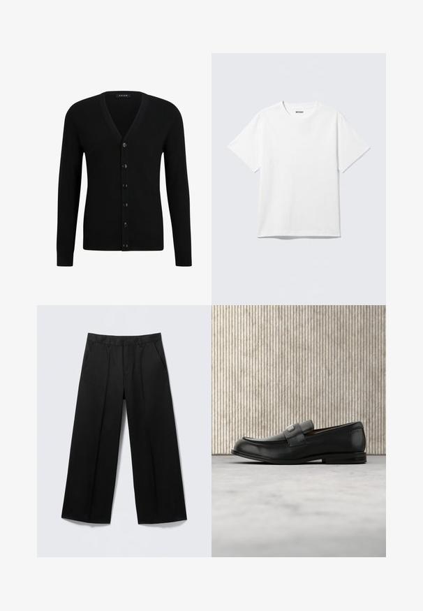 Schwarze V-Ausschnitt-Strickjacke aus weichem Material, mit einer sechs Knopf-Front, langen Ärmeln und gerippten Bündchen und Saum.; Weißes T-Shirt mit kurzen Ärmeln und Rundhalsausschnitt, flach liegend, schlichtes Design, mit „WEEKDAY“-Etikett innen im Kragen auf hellem Hintergrund.; Schwarze Hosen mit weitem Bein, Gürtelschlaufen, Vordertaschen und Reißverschluss, auf einem hellgrauen Hintergrund präsentiert.; Schwarzer Lederloafer mit einer Metallmarkenplatte, der nahe einem braunen runden Tisch auf beigem Teppichboden ruht.