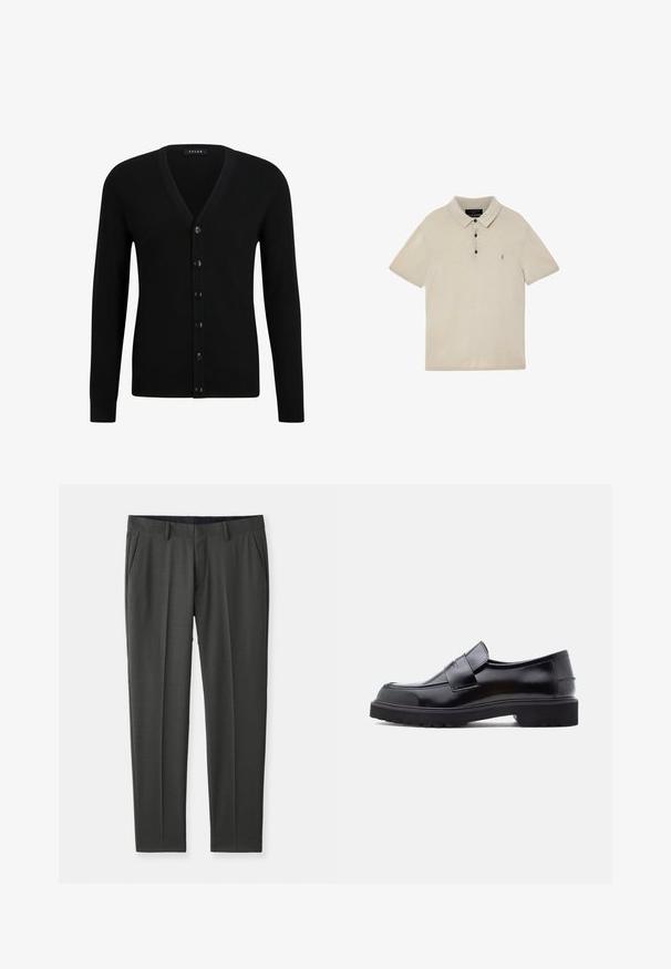 Schwarze V-Ausschnitt-Strickjacke aus weichem Material, mit einer sechs Knopf-Front, langen Ärmeln und gerippten Bündchen und Saum.; Beige Poloshirt mit kurzen Ärmeln, drei dunklen Knöpfen und einem kleinen, auf der linken Brustseite gestickten Logo.; Graue Anzughose mit glatter Textur, ausgestattet mit Falten, zwei Fronttaschen und einer taillierten Passform. Hergestellt aus einem leichten Stoff.; Schwarzer Leder Slipper mit elegantem Design, abgerundeter Schuhspitze und dicker, strukturierten Gummisohle. Mit einem dekorativen Riemen quer über der Vorderseite.