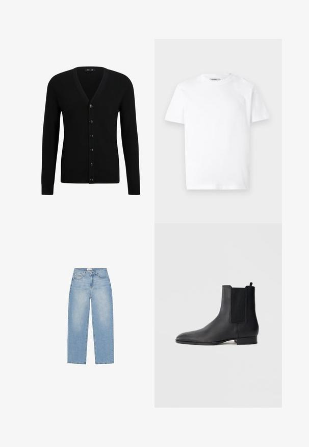 Zwarte V-hals cardigan gemaakt van zacht materiaal, met een zes-knopen voorkant, lange mouwen en geribde manchetten en onderkant.; Witte katoenen t-shirt met een ronde hals en korte mouwen. Bevat een klein, reliëf logo op de linker borst. Soepele textuur.; Lichtblauwe spijkerbroek van denim met een rechte pijp, vijf zakken, een ritssluiting en een licht vervaagde afwerking.; Zwarte leren Chelsea-laars met elastische zijpanelen en lage gestapelde hak, vanaf de zijkant getoond tegen een eenvoudige lichte achtergrond.