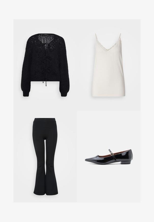 Vero Moda Petite VMALOA BOW CARDIGAN - Cardigan - black; Lys beige camisole med justerbare spaghetti-stropper, V-udskæring og bølget kantdetalje. Fremstillet af blødt stof med en glat tekstur.; Sorte flare leggings lavet af strækbart materiale. Har en høj talje og en glat overflade. Slutter med en flared kant.; Sorte patenterede læder Mary Jane flade sko med spids tå og lille hæl, udstyret med en justerbar rem med guld spænde.