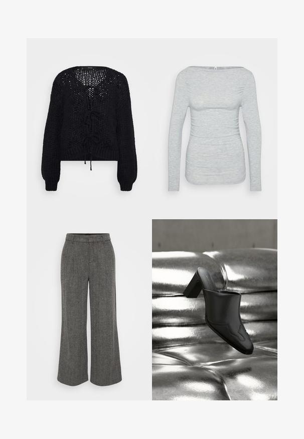 Vero Moda Petite VMALOA BOW CARDIGAN - Vest - black; Lichtgrijze langemouwen top gemaakt van een zachte, textuurstof. Heeft een bootnek en geplooide zijdetails voor een getailleerd silhouet.; Grijze herringbone wijde broek met een aansluitende tailleband, met een geplooid voorpand en een zachte, gestructureerde stof.; Zwarte leren mule met blokhak, rustend op een glanzend zilveren gestoffeerde oppervlakte, die het strakke ontwerp en de afgeronde details benadrukt.