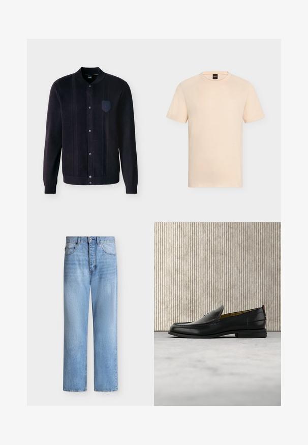 Veste en maille noire à boutons, avec poignets côtelés, col, rayures texturées verticales et une petite écusson brodé sur la poitrine gauche.; T-shirt beige manches courtes à col rond avec un logo « BOSS » discret sur la poitrine et une étiquette noire à l’intérieur de l’encolure.; Jean droit en denim bleu clair avec fermeture par bouton et zip, poches avant et arrière, et passants de ceinture à la taille.; Mocassin pour homme en cuir noir avec un dessus embossé effet croco et un petit talon, présenté de profil sur un fond neutre.