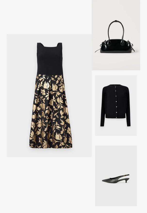 Cardigan noir à manches longues avec encolure ronde et sept boutons blancs visibles sur le devant.; Robe sans manches avec un corsage noir ajusté et une jupe plissée ornée de motifs floraux dorés sur un fond noir.; Chaussure slingback noire à bout pointu en cuir lisse. Présente un talon fin et un détail de boucle sur la sangle réglable.; Petit sac à main noir brillant avec deux longues anses et des détails à cordon sur les côtés sur un fond clair uni.