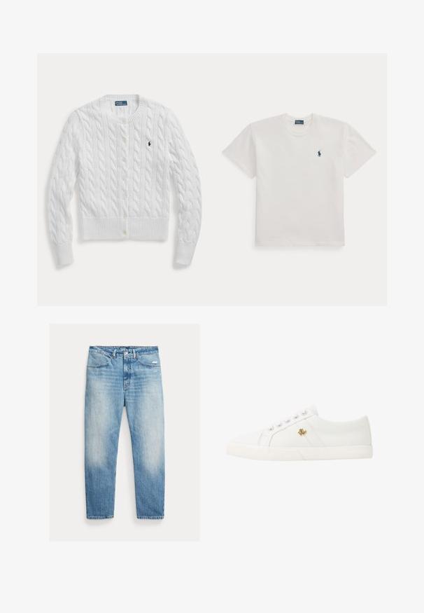 Witte kabelgebreide cardigan met knopen, lange mouwen en een klein donker geborduurd logo op de linkerborst.; Witte T-shirt met korte mouwen en ronde hals met een klein donkerblauw polo speler logo op de linkerborst.; Lichtblauwe verweerde rechtvallende spijkerbroek met voorzakken, knoop- en ritssluiting en lichte slijtage op de rechterdij.; Lauren Ralph Lauren JANSON II CANVAS SNEAKER - Sneakers laag - optic white