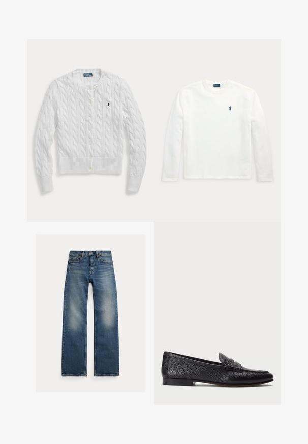 Witte kabelgebreide cardigan met knopen, lange mouwen en een klein donker geborduurd logo op de linkerborst.; Witte longsleeve met ronde hals en klein donkerblauw geborduurd paard- en ruiterlogo op de linkerborst.; Blauwe straight-leg jeans met vervaagde plekken op de dijen, vijfzakkenontwerp en knoopsluiting, plat liggend op een witte achtergrond.; Zwarte leren instapper met een gestructureerde afwerking, voorzien van een decoratieve band en platte hak. Slank, minimalistisch ontwerp met een ronde neus.