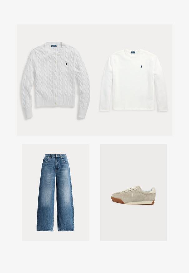 Hvid kabelstrikket cardigan med knapper, lange ærmer og en lille mørk broderet logo på venstre bryst.; Hvid langærmet t-shirt med rund hals og lille mørkeblå broderet hest og rytter-logo på venstre bryst.; Blå vidde cowboybukser med fem lommer, knaplukning og falmede detaljer foran og på lårene.; Lysebeige ruskindssneaker med brunt gummisål, snørelukning foran og en broderet logo på siden, vist i højre profil.