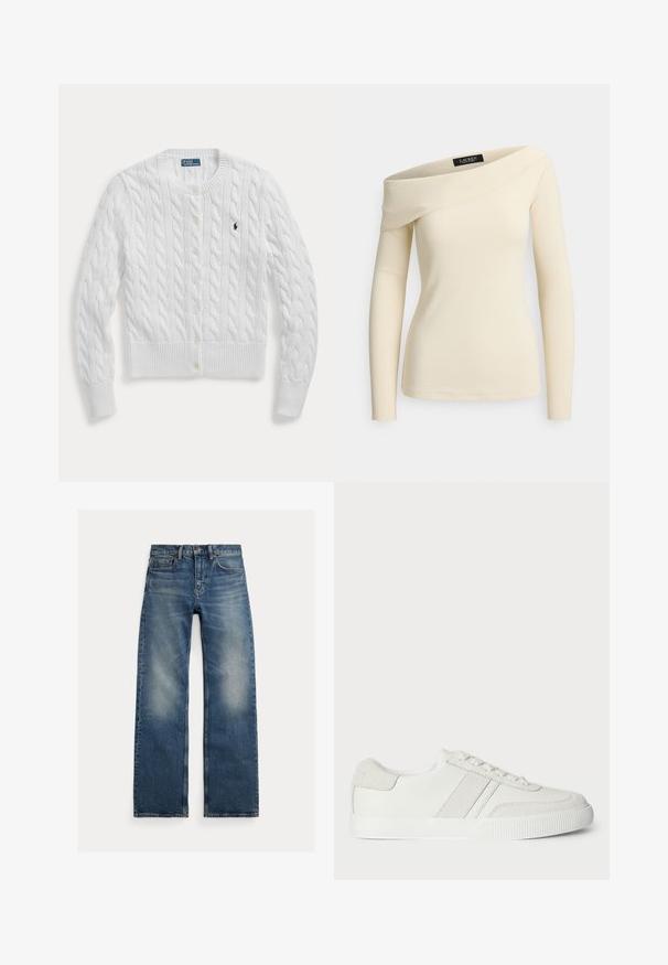 Hvid kabelstrikket cardigan med knapper, lange ærmer og en lille mørk broderet logo på venstre bryst.; Cremefarvet langærmet ribstrikket top med asymmetrisk off-shoulder halsudskæring og let figursyet silhuet.; Blå jeans med lige ben og falmede områder på lårene, fem-lommer design og knaplukning, lagt fladt på en hvid baggrund.; Hvid sneakers med en glat læderoverdel, suedet detaljer og flade snørebånd. Har en tekstureret gummisål og et minimalistisk design.