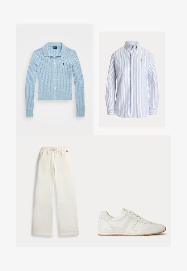 Polo Ralph Lauren CABLE-KNIT COTTON CARDIGAN - Kardigán - cold springs; Biela košeľa na gombíky s vertikálnymi svetlomodrými pásmi, golier s gombíkmi a malým vyšívaným logom na ľavej strane hrudníka.; Biele široké tepláky s elastickým pásom, šnúrkou, bočnými vreckami a malým námorníckym logom pri pravom vrecku.; Biela nízka teniska so šnurovaním vpredu, zsemišovými a koženými panelmi a svetlohnedou gumovou podrážkou na bielom pozadí.