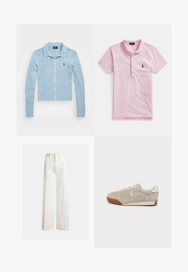 Polo Ralph Lauren CABLE-KNIT COTTON CARDIGAN - Kardigán - cold springs; Svetloružové polokošeľa s krátkym rukávom, štyrmi gombíkmi a tmavomodrým vyšívaným logom na ľavej strane hrudníka.; Biele široké nohavice s vysokým pásom, pútkami na opasok a zapínaním na predné gombíky, zobrazené na jednoliatom pozadí.; Béžový semišový teniska s bielymi šnúrkami, hnedou gumovou podrážkou a malým vyšívaným logom na boku, zobrazená z vonkajšej strany.