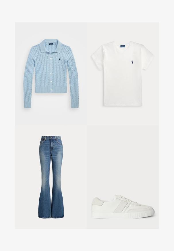 Polo Ralph Lauren CABLE-KNIT COTTON CARDIGAN - Kardigan - cold springs; Lihtne valge lühikeste varrukatega T-särk, millel on väike tumesinine Polo Ralph Laureni logo vasakul rinnal ja sinine brändi silt krae sees.; Kõrge vöökohaga sinised teksapüksid, mis laienevad jalge all ja mille esiküljel reie piirkonnas on kerge pleekimine, kujutatud valgel taustal.; Valge tennisaken sileda nahkupperiga, sametiste detailidega ja lamedate paeltega. Omab tekstureeritud kummist tallat ja minimalistlikku disaini.