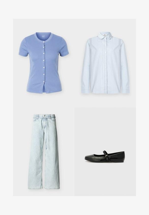 Haut en maille côtelée à manches courtes boutonné, bleu clair, avec un col rond et des boutons blancs au centre devant.; Chemise à manches longues bleu clair avec des fines rayures verticales bleu marine et rouges et un col pointu, posée à plat sur un fond blanc.; Jean bleu clair à jambes larges avec une taille haute, bouton à l'avant, passants pour ceinture et une longue ceinture assortie en tissu.; Ballerines en cuir noir avec un bout arrondi, une semelle plate et une fine sangle ajustable sur le cou-de-pied avec une boucle en métal.