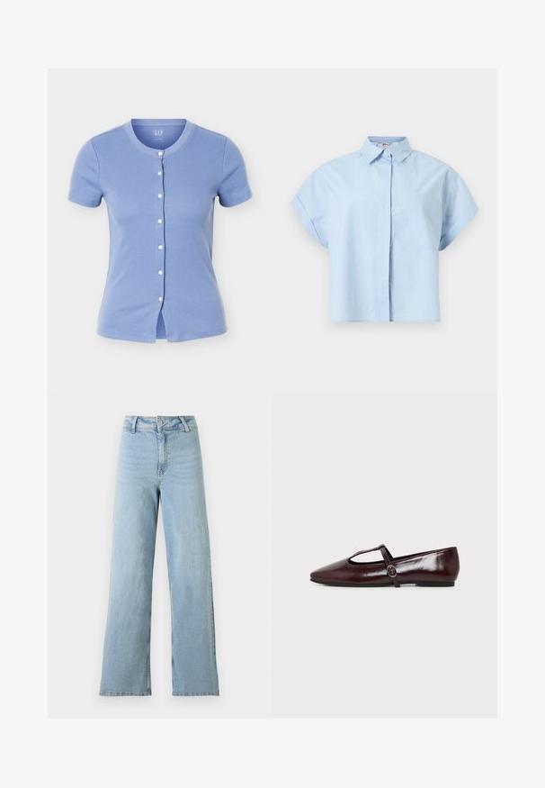 Haut en maille côtelée à manches courtes boutonné, bleu clair, avec un col rond et des boutons blancs au centre devant.; Chemise bleu clair à manches courtes avec col, boutons avant dissimulés et une poche poitrine unique, présentée sur un fond uni.; Jean en denim bleu clair taille haute à jambes larges, fermeture devant par bouton et fermeture éclair, passants pour ceinture, sans usure visible.; Chaussure plate en cuir bordeaux foncé avec un bout pointu et une fine bride en T avec une boucle argentée sur fond blanc.