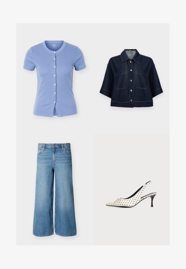 Haut en maille côtelée à manches courtes boutonné, bleu clair, avec un col rond et des boutons blancs au centre devant.; Veste en denim bleu foncé à manches courtes avec fermeture à boutons sur le devant, deux grandes poches poitrine et un col pointu.; Jean en denim bleu clair à jambes larges avec bouton frontal, fermeture éclair, passants pour ceinture et poches, présenté sur un fond uni.; Chaussure à talon haut en cuir blanc à bride arrière avec des pois noirs et un petit nœud décoratif sur l’orteil pointu, sur fond uni.