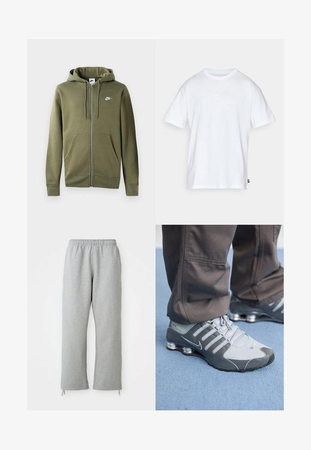 Olivengrøn zip-up hoodie i blødt stof med en frontlynlås, to sidelommer og et hvidt Nike-logo på venstre bryst.; Hvid bomulds T-shirt med korte ærmer og rund hals. Har et lille, diskret Nike-logo på brystet og et sidelabel.; Grå sweatpants med elastisk talje, lige ben og snoretræk ved kanten. Fremstillet af blødt, struktureret stof.; Grå og sølv Nike Shox sneakers har et slankt design med mesh og syntetiske materialer, en rund tå og en polstret krave.