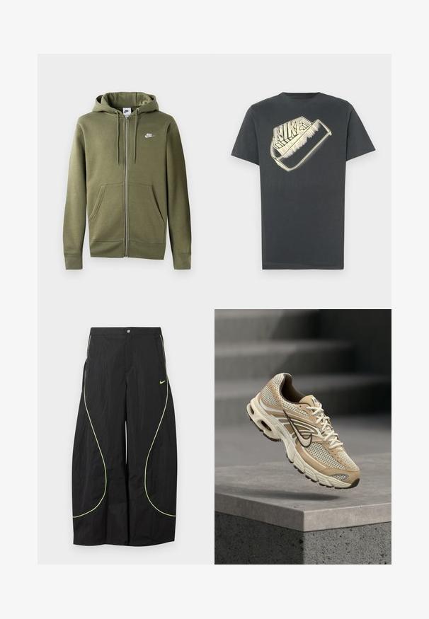 Sudadera con cremallera en color verde oliva, fabricada en un tejido suave. Cuenta con una cremallera frontal, dos bolsillos laterales y un logo de Nike blanco en el pecho izquierdo.; Camiseta de algodón gris oscuro con cuello redondo. Presenta un gran logo estilizado de "Nike" en un color más claro en la parte delantera.; Pantalones anchos negros de Nike con ribete curvado en verde neón y pequeño logo de swoosh de Nike en el muslo derecho, cierre de botón y cremallera en la cintura.; Zapatilla de running Nike beige y blanca con paneles de malla y el swoosh negro, flotando sobre un borde de hormigón con escaleras desenfocadas al fondo.