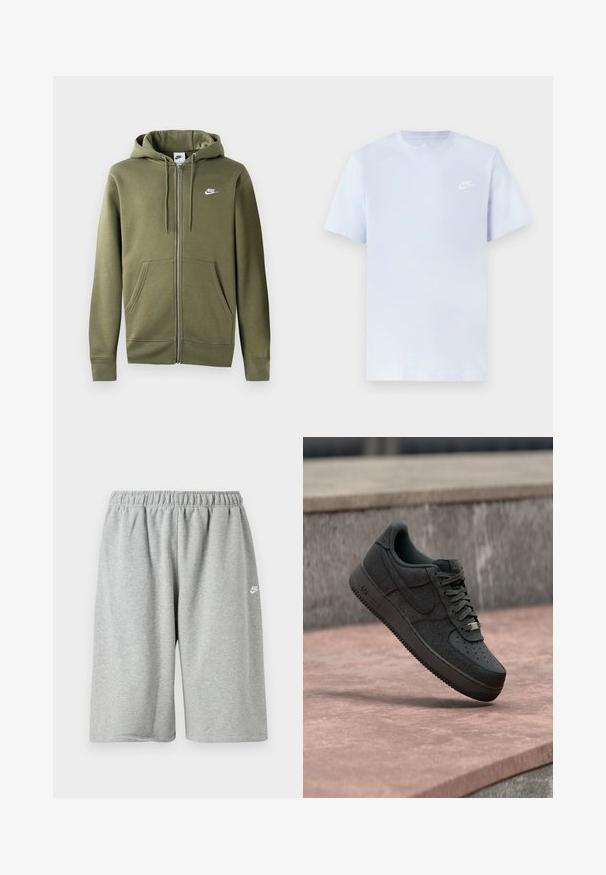 Oliivroheline tasku ja eessuunaga kapuutsiga jope pehmest kangast, millel on esine tõmblukk, kaks küljetaskut ja valge Nike logo vasakul rinnal.; Hele sinine puuvillane t-särk lühikeste varrukatega, ümar kaelus ja valge Nike logo trükituna vasakul rinnal. Sile tekstuur, lihtne disain.; Hallid puuvillased püksid elastse vöökoha ja lahtise lõikega, väike valge logo ääre lähedal. Sile tekstuur, pikkus üle põlve.; Must Nike Air Force 1 toss ühesuguse kivi pinna kohal, taustal kivimüür.