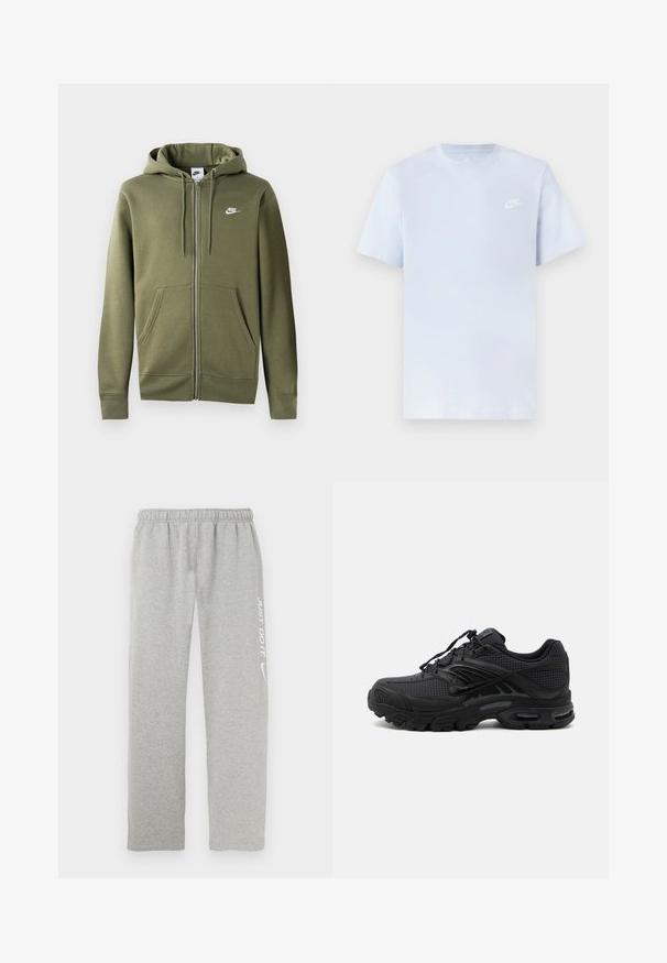 Olivgrüne Zip-Hoodie aus weichem Material mit einem Frontreißverschluss, zwei Seitentaschen und einem weißen Nike-Logo auf der linken Brust.; Hellblaue Baumwoll-T-Shirt mit kurzen Ärmeln, Rundhalsausschnitt und einem weißen Nike-Logo, das auf der linken Brust gedruckt ist. Glatte Textur, schlichtes Design.; Graue Jogginghose aus weichem Material mit elastischem Bund. Auf einem Bein befinden sich der weiße Schriftzug "JUST DO IT" und das Nike-Swoosh-Logo.; Schwarzer athletischer Sneaker mit strukturiertem Stoff, dicker gepolsterter Sohle, Luftauslässen und Schnürverschluss, von der Seite auf hellem Hintergrund gezeigt.