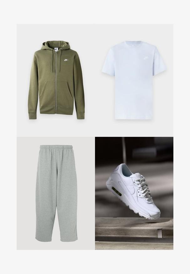 Haut à capuche zippé vert olive en tissu doux, doté d'une fermeture éclair à l'avant, de deux poches latérales et d'un logo Nike blanc sur la poitrine gauche.; T-shirt en coton bleu clair avec des manches courtes, col rond, et un logo Nike blanc imprimé sur la poitrine gauche. Texture lisse, design simple.; Pantalon de survêtement gris clair avec une ceinture élastique, une coupe fuselée des jambes et une texture douce. Aucun logo ou motif visible.; Baskets blanches en cuir avec des surfaces texturées, un col rembourré et un amorti d'air visible dans la semelle. Elles possèdent des lacets et un design minimaliste.
