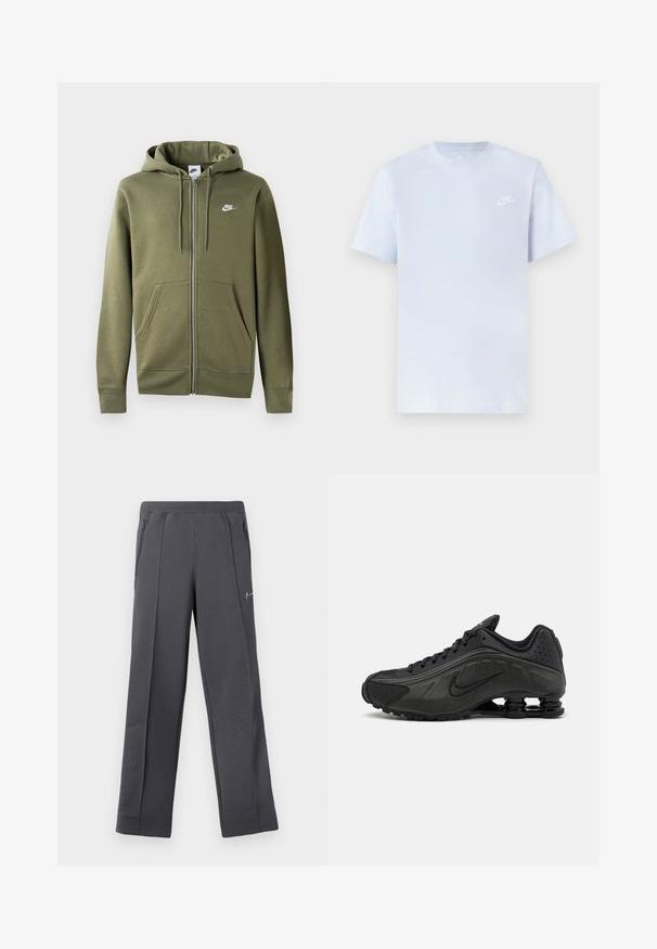 Olijfgroene zip-up hoodie van zacht materiaal, met een voorzijde rits, twee zijzakken en een wit Nike-logo op de linker borst.; Lichtblauwe katoenen t-shirt met korte mouwen, ronde hals en een wit Nike-logo gedrukt op de linkerborst. Glad textuur, eenvoudig ontwerp.; Grijze sweatpants van gestructureerde stof met een losse pasvorm, voorzien van zijzakken met rits en een klein logo aan de voorkant.; Zwarte hardloopschoenen met een glad bovenwerk van synthetisch materiaal, geperforeerde accenten, gestructureerde zijpanelen en een opvallende veerkrachtige zool.